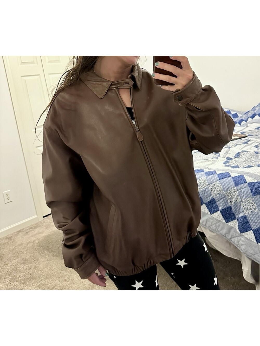 Roundtree & Yorke Jacket Unisex Large Lambskin Brown Genuine Leather Bomber FLAW